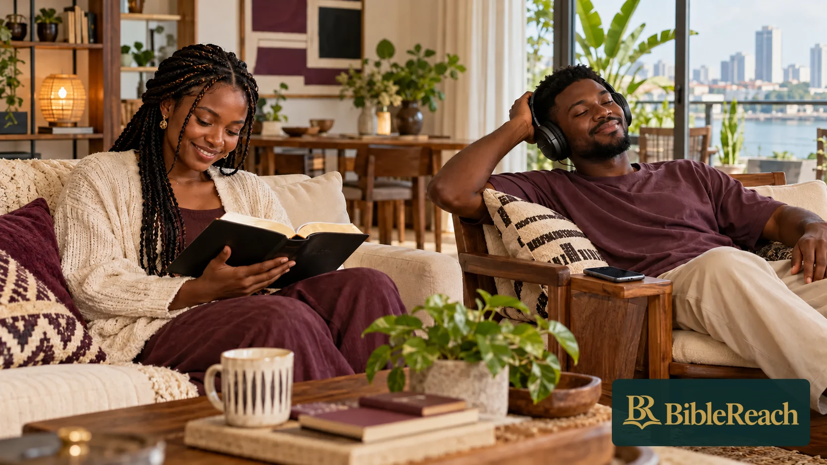 Illustrated Nigerian home scene: a woman enjoys reading an open Bible while a man relaxes with headphones, listening.