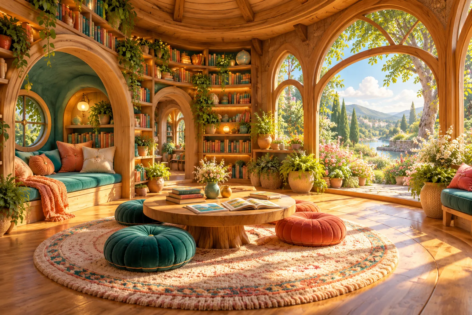 An imagined sunlit reading room with curved bookshelves and colourful cushions.